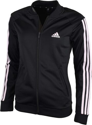 سترة رياضية للسيدات من adidas Essentials Tricot 3-Stripe بسحاب كامل - أسود/وردي - XL in Saudi Arabia