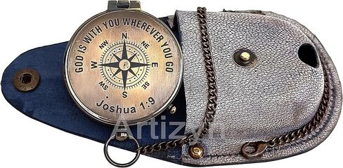 GOD is with You Wherever You GO Joshua 1:9 Engraved Compass with ‎Leather Case, Brass Camping Compass, Gift Compass, Graduation Day Gift for Son, Father, Love, Sister, Husband, Wife, Fiancé, Fiancée. in Kuwait