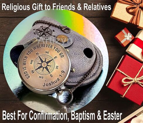 GOD is with You Wherever You GO Joshua 1:9 Engraved Compass with ‎Leather Case, Brass Camping Compass, Gift Compass, Graduation Day Gift for Son, Father, Love, Sister, Husband, Wife, Fiancé, Fiancée. in Kuwait