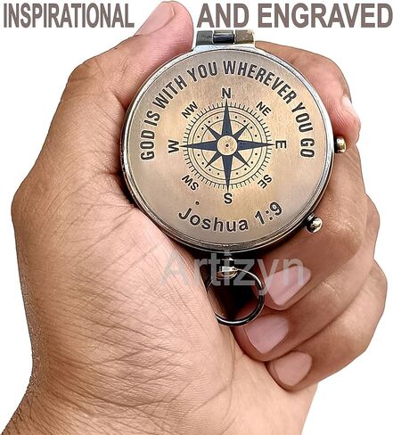 GOD is with You Wherever You GO Joshua 1:9 Engraved Compass with ‎Leather Case, Brass Camping Compass, Gift Compass, Graduation Day Gift for Son, Father, Love, Sister, Husband, Wife, Fiancé, Fiancée. in Kuwait