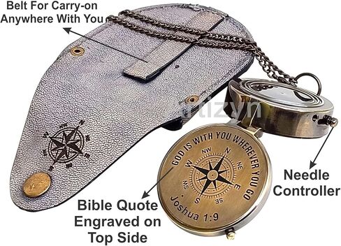 GOD is with You Wherever You GO Joshua 1:9 Engraved Compass with ‎Leather Case, Brass Camping Compass, Gift Compass, Graduation Day Gift for Son, Father, Love, Sister, Husband, Wife, Fiancé, Fiancée. in Kuwait