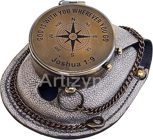 GOD is with You Wherever You GO Joshua 1:9 Engraved Compass with ‎Leather Case, Brass Camping Compass, Gift Compass, Graduation Day Gift for Son, Father, Love, Sister, Husband, Wife, Fiancé, Fiancée. in Kuwait