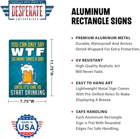 Desperate Enterprises WTF Aluminum Sign - Nostalgic Vintage Metal Wall Décor - Made in USA in Saudi Arabia