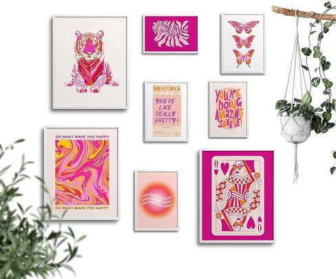 ديكور غرفة TwoDays Preppy باللونين الوردي والبرتقالي الجمالي، مطبوعات فنية جدارية كلاسيكية عصرية لشقة الفتيات، ملصقات تأكيد لغرفة النوم (أحجام متعددة، 8 بوصة × 10 بوصة أكبر، مجموعة من 8، غير مؤطرة) in Kuwait