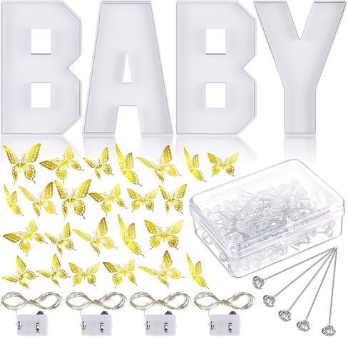 مجموعة علب هدايا فارغة من الورق المقوى مقاس 10.2 بوصة قابلة للملء من Baby Charcuterie مع 24 قطعة من ديكور الحائط على شكل فراشة ذهبية ثلاثية الأبعاد، 4 قطع من مصابيح LED، 1 صندوق دبابيس ماسية لديكور حمام الطفل in Kuwait