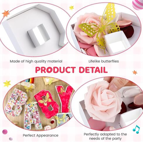 مجموعة علب هدايا فارغة من الورق المقوى مقاس 10.2 بوصة قابلة للملء من Baby Charcuterie مع 24 قطعة من ديكور الحائط على شكل فراشة ذهبية ثلاثية الأبعاد، 4 قطع من مصابيح LED، 1 صندوق دبابيس ماسية لديكور حمام الطفل in Kuwait