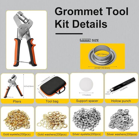 مجموعة أدوات جروميت، 3/8 بوصة آلة الضغط على الثقوب اليدوية للأجهزة اللوحية، ثقب ثقب للقماش القماشي، لافتة جلدية من القماش، مع 400 قطعة حلقة معدنية 10 مم in Kuwait