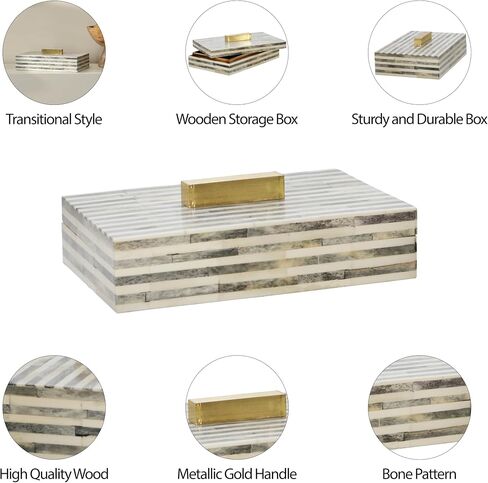 Sagebrook Home 9" Bone Rectangular Box - Light Gray and Gold Wooden Storage Box - Contemporary Decorative Box for Jewelry, Photos, Trinkets, Supplies in Saudi Arabia