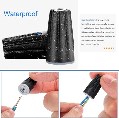 100 Pieces Waterproof Wire Electrical Connectors Black Waterproof Wire Nuts Outdoor Seal Electrical Twist Nuts Caps Cable Terminal Connector for Landscape Light, Irrigation Valves (0.93x0.47Inch) in Kuwait