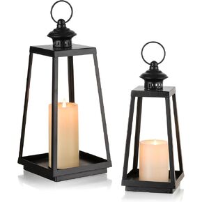 Black Metal Lantern Decorative Set of 2, Indoor Farmhouse Trapezoid Candle Holder Hanging Lanterns for Table Centerpieces Fireplace Mantel Shelf Porch, 14" & 12" Modern Home Decor
