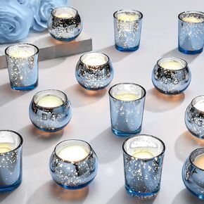 24 Pcs Assorted Blue Votive Candle Holders Mercury Glass Candle Holder Tea Lights Candle Holders for Dusty Blue Wedding Decoration Bridal Shower Party Wedding Table Centerpiece Decorations