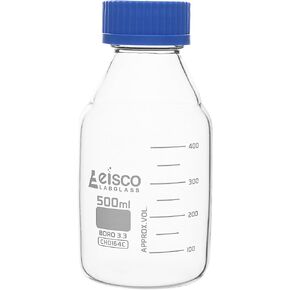 EISCO Reagent Bottle, 500ml - Transparent with Blue Screw Cap - White Graduations - Borosilicate 3.3 Glass
