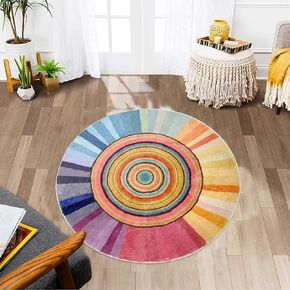 Kids Rug 5Ft Round Colorful Girls Bedroom Carpet Circle Sun Rug Rainbow Nursery Mat Modern Abstract Playroom Bedside Area Rug for Children Indoor Home Decor