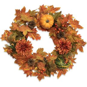 Fall Wreath with Lights 22 Inch - Artificial Pumpkin Maple Leaves Wreath Used Autumn Thanksgiving Halloween with Home Indoor Outdoor Wall Festival Decor