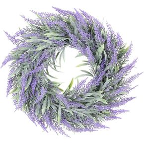 Rustic Romantic Lavender Wreath, Classic Eucalyptus Leaves Lavenders Spring Summer Garland Artificial Greenery Farmhouse Floral Wreath for Indoor Wedding Party Wall Window Backdrop Home Décor