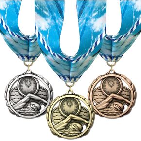 ميداليات جائزة Hodges Badge Company للسباحة - الأول والثاني والثالث - ميداليات برونزية ذهبية وفضية مع أشرطة عنق مسار السباحة