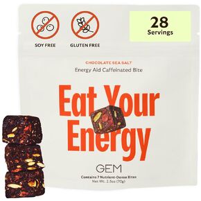 GEM Energy Aid Caffeinated Bites | Chocolate Sea Salt | 4 x 7-Bite Pack | Supports Metabolism, Energy, & Endurance | Ginseng Root, L-Theanine