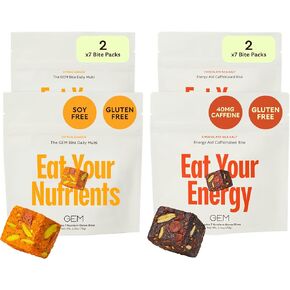 GEM Daily Essentials Multivitamin & Energy Aid Caffeinated Bites Combo Pack | 2 x 7 Citrus Ginger, 2 x 7 Chocolate Sea Salt, | Gluten Free, Soy Free