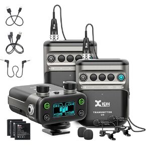 Xvive U5T2 Wireless Lavalier Microphone System with 2 Lavalier Mics 2 Transmitters 6ms Latency 2.4Ghz