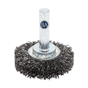 Benchmark Abrasives 1-1/2" Mounted Crimped Wire Wheel for Cleaning deburring on Cast Iron, Steel, Titanium, Nickel, 1/4" Shank for Rotary Tools, Coarse Grit - Carbon Steel