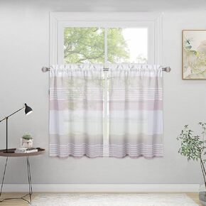 GlowSol Cafe Curtains Semi Sheer Curtains 24 Inch Long Living Room Curtains Farmhouse Rustric Curtains Yarn Dyed Faux Linen Texture Curtains for Bedroom Nursery, Pink/Taupe, 27×24, 2 Pcs