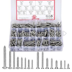 570Pcs Self Tapping Screws Assortment Set, 6#8#10#12 304 Stainless Steel Sheet Metal Screws Kit, Coss Drive Wood Screw Assortment 570pcs (285pcs Round Head and 285pcs Flat Head)
