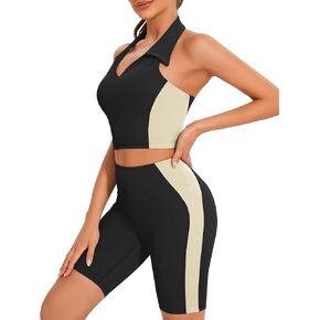 Women's Workout Sets 2 Piece Backless Top and High Waist Shorts Yoga Outfits Trendy Colorblock Summer Gym Clothes in Kuwait