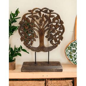 VANIYA CRAFTS® Wooden Carved Handmade Tree design Engraved Table Decor Table Sculpture Home Decor Statue for Living Room, Bedroom, Office Desktop, Cabinets (Walnut)