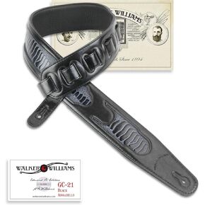 Walker & Williams GC-21 Gloss Black Leather Handmade Guitar Strap with Armadillo Inserts And Padded Back For Acoustic, Electric, And Bass Guitars