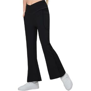 Girls' Flare Leggings V Cross High Waisted Yoga Pants with Pockets Dance Bell Bottoms Athletic Bootcut Pants