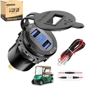 10L0L Golf Cart Quick Charge 3.0 Dual USB Outlet Fast Charger Socket for Yamaha, Club Car, EZGO, Metal Shell Safe Charging Socket with LED Digital Voltage Meter (12-48V)
