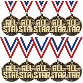 Crown Awards All Star Medals - 10 Pack - 2" Gold 3D All Star Medals with Red, White, Blue Neck Ribbon Prime