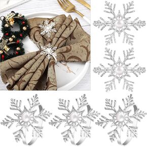 Christmas Snowflake Napkin Rings Metal Napkin Holder with Faux Pearl Xmas Napkin Buckle for Christmas Party Dinner Wedding Banquet Table Settings Decoration (Silver,6)