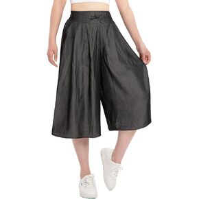 ThCreasa Womens Back Elastic Waist Wide Leg Capri Pants Solid Casual Palazzo Culottes Trousers,Embroidery Details