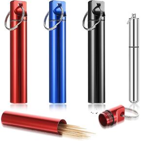 Portable Toothpick Holder 4PCs, Metal Toothpicks Holder Dispenser, Pocket Waterproof Case Toothpicks Container with Keychain, Travel Purse Ear Wax Removal Tool Case, Needle Holder Cotton Swab
