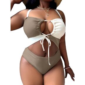 WDIRARA Women's Plus Size Cut Out Color Block Drawstring One Piece Swimsuit Monokini Bathing Suit