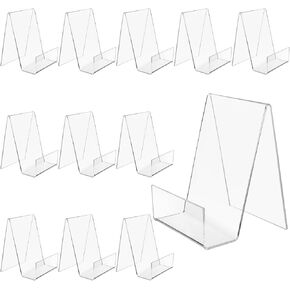 12 Pack 4x3 Inch Acrylic Book Stand, Clear Display Easel with Ledge, Tablet Holder for Displaying Books, Pictures, Music Sheets, Notebooks, CDs