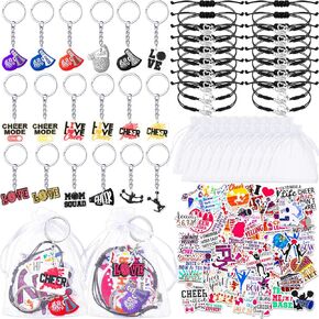 106 Pcs Cheerleader Gifts Kit Includes 50 Sheets Cheerleader Stickers for Water Bottles 18 Cheer Bracelets 20 Organza Bags 18 Cheer Keychain for Women Girls Cheerleader Teammates Party Favors