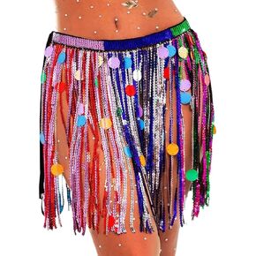 Women’s Sequin Dance Skirts Colorful Fringe Wrap Skirt Rave Nightclub Party Hip Scarf Skirt for Women Multi