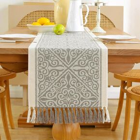 Floral Coffee Table Runner for Living Room Kitchen Farmhouse Bordered Dining Table Runner with Fringe Rectangle Heat Resistant Elegant 13 x 48 Inch Grey