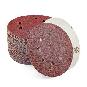 60PCS Red 5 Inch 8 Hole Hook and Loop Adhesive Sanding Discs Sandpaper for Random Orbital Sander 40 60 80 120 180 240 Grits