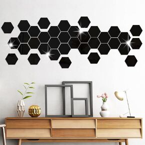 RW-103 36 PCS Acrylic Mirror Wall Stickers Hexagon Mirror Wall Decals DIY Removable 3D Geometric Hexagon Mirror Art Setting Wall Decor for Bedroom Living Room Office Kitchen Home Decoration (Gold)
