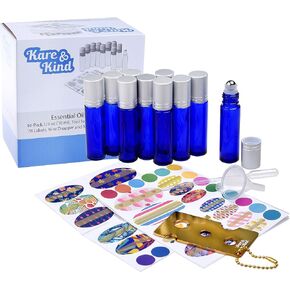 Kare & Kind Essential Oil Bottle Kit - 10xEssential Oil Bottle (1/3 oz - 10 ml), 1xTool for Opening/Sealing Bottles, 78x Label, 1x Mini Dropper + 1x Mini Funnel (Cobalt Blue)