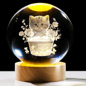 3D Cat Crystal Ball 3D Flower Pot Cat Figurines with Night Light Cat Lover Gifts for Girl Women Cat Collectibles Home Decor Cat Lamp for Bedroom Unique Cat Gifts for Her Mom Birthday
