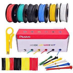 22 AWG Solid Core Wire Kit – 22 Gauge PVC Coated Copper Wires Pre-Tinned 33ft or 10m each, 6 Colors (Black, Red, Yellow, Green, Blue, White), Hook Up Wire Kit from Plusivo