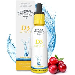 Buried Treasure Vitamin D3 K2 5000 iu & 80 mcg, Vitamin D & K2 from MK7 Drops with MCT, Bone Density & Heart Support Liquid Vitamins for Women & Men, Synergistic Vitamin D3 with K2 120 serv