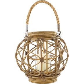 Deco 79 Round Brown Woven Rattan Lantern with Burlap Jute Rope Handle and Glass Insert, 13" x 10.5"