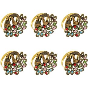 Peacock Napkin Rings Set of 6 - Vintage Metal Bling Crystal Napkin Ring Holders for Wedding Party Holiday Banquet Bridal Shower, a Beautiful Dinning Table Décor (Bronze)