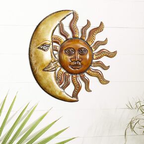 Deco 79 Metal Moon Home Wall Decor Indoor Outdoor Wall Sculpture with Stars and Palm Tree, Wall Art 21" x 1" x 21", Copper