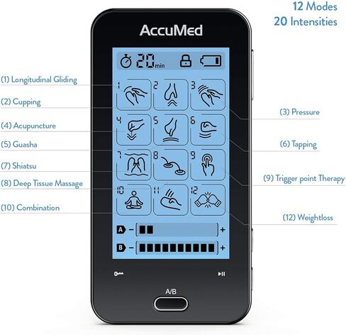 وحدة AccuMed TENS لتحفيز العضلات وتدليك النبض الإلكتروني بقناتين - 12 وضعًا، جهاز إدارة الألم مع 20 شدة للظهر والرقبة والوخز بالإبر وبطارية قابلة لإعادة الشحن (AC-AP417) in Kuwait